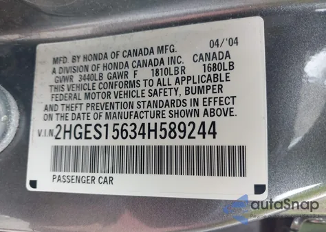 2004 Honda Civic Lx from USA, damaged, VIN 2HGES15634H589244